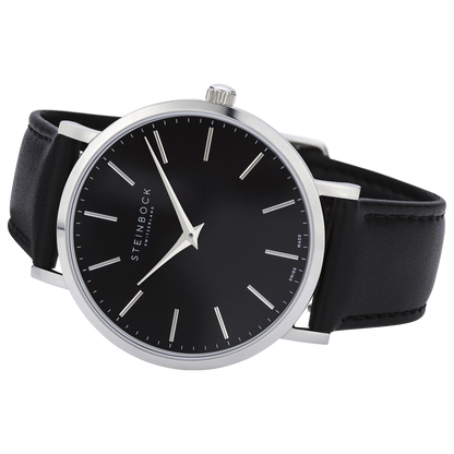 The IBEX | Silber Edition Schwarz mit veganem Lederarmband (PETA zertifiziert)