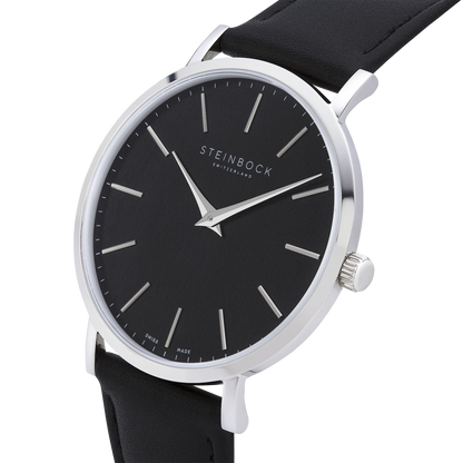 The IBEX | Silber Edition Schwarz mit veganem Lederarmband (PETA zertifiziert)