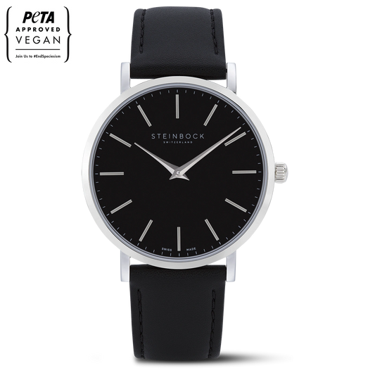 The IBEX | Silber Edition Schwarz mit veganem Lederarmband (PETA zertifiziert)