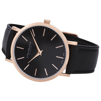 The IBEX | Rose Gold Schwarz Edition mit veganem Lederarmband (PETA zertifiziert)