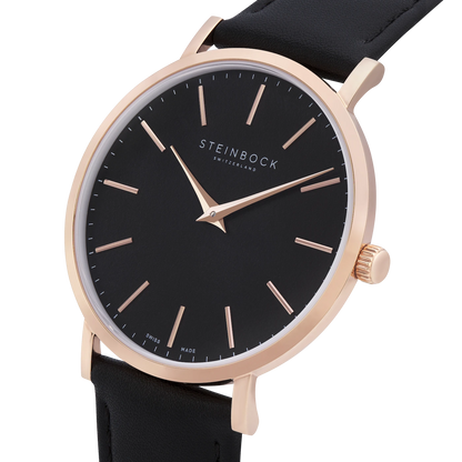The IBEX | Rose Gold Schwarz Edition mit veganem Lederarmband (PETA zertifiziert)