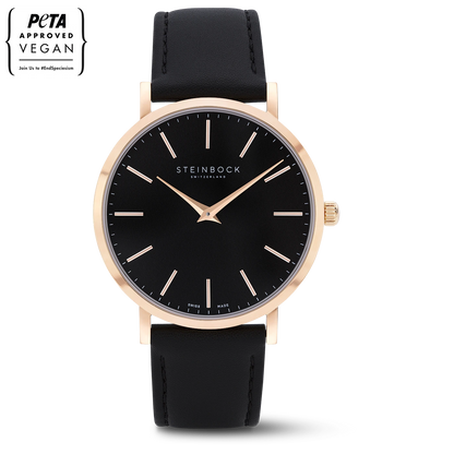 The IBEX | Rose Gold Schwarz Edition mit veganem Lederarmband (PETA zertifiziert)