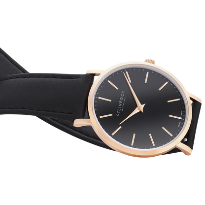 The IBEX | Rose Gold Schwarz Edition mit veganem Lederarmband (PETA zertifiziert)